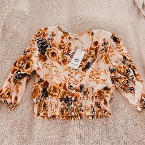 Women's Floral Top - Cream and Brown